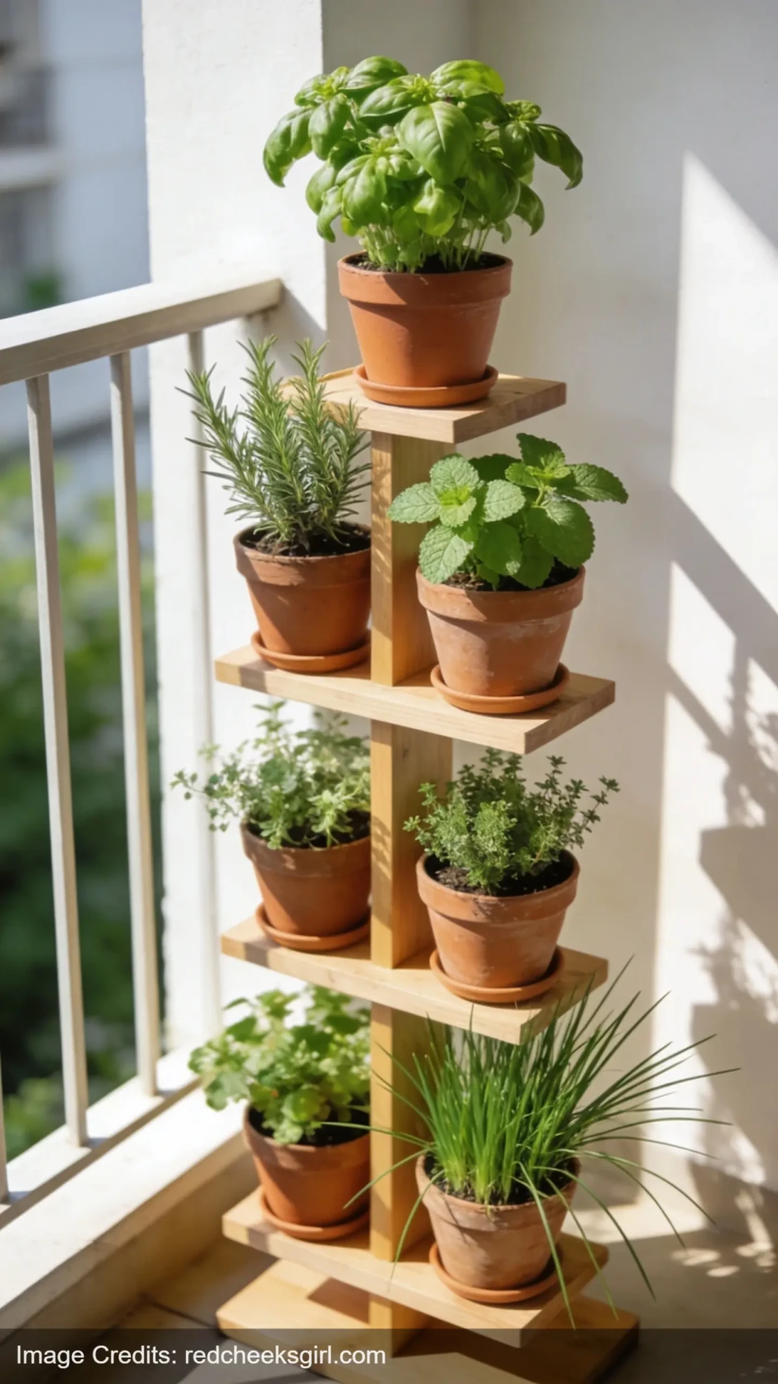 Tiered wooden plant stand with herb garden on apartment balcony corner