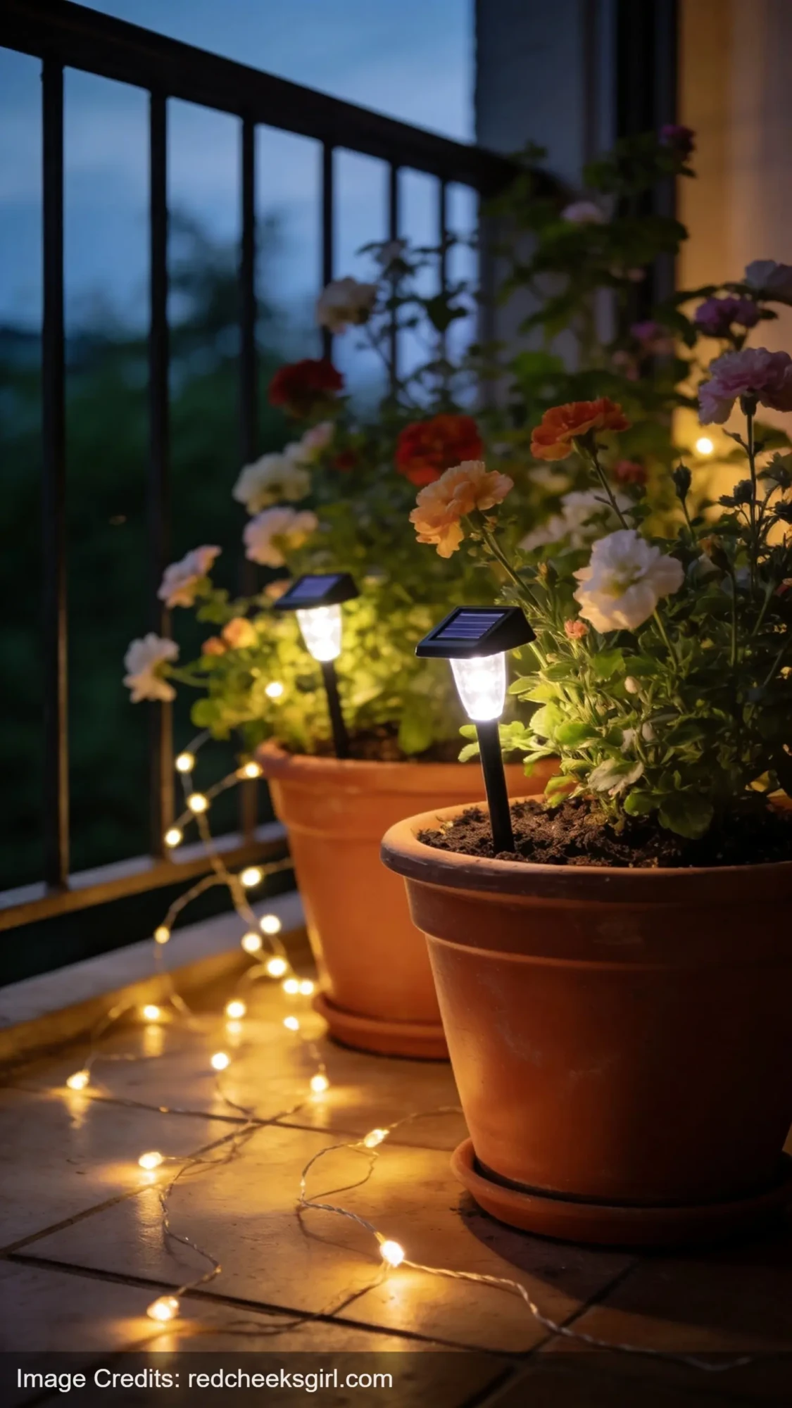 Solar stake lights in terracotta plant pots providing ground level balcony lighting