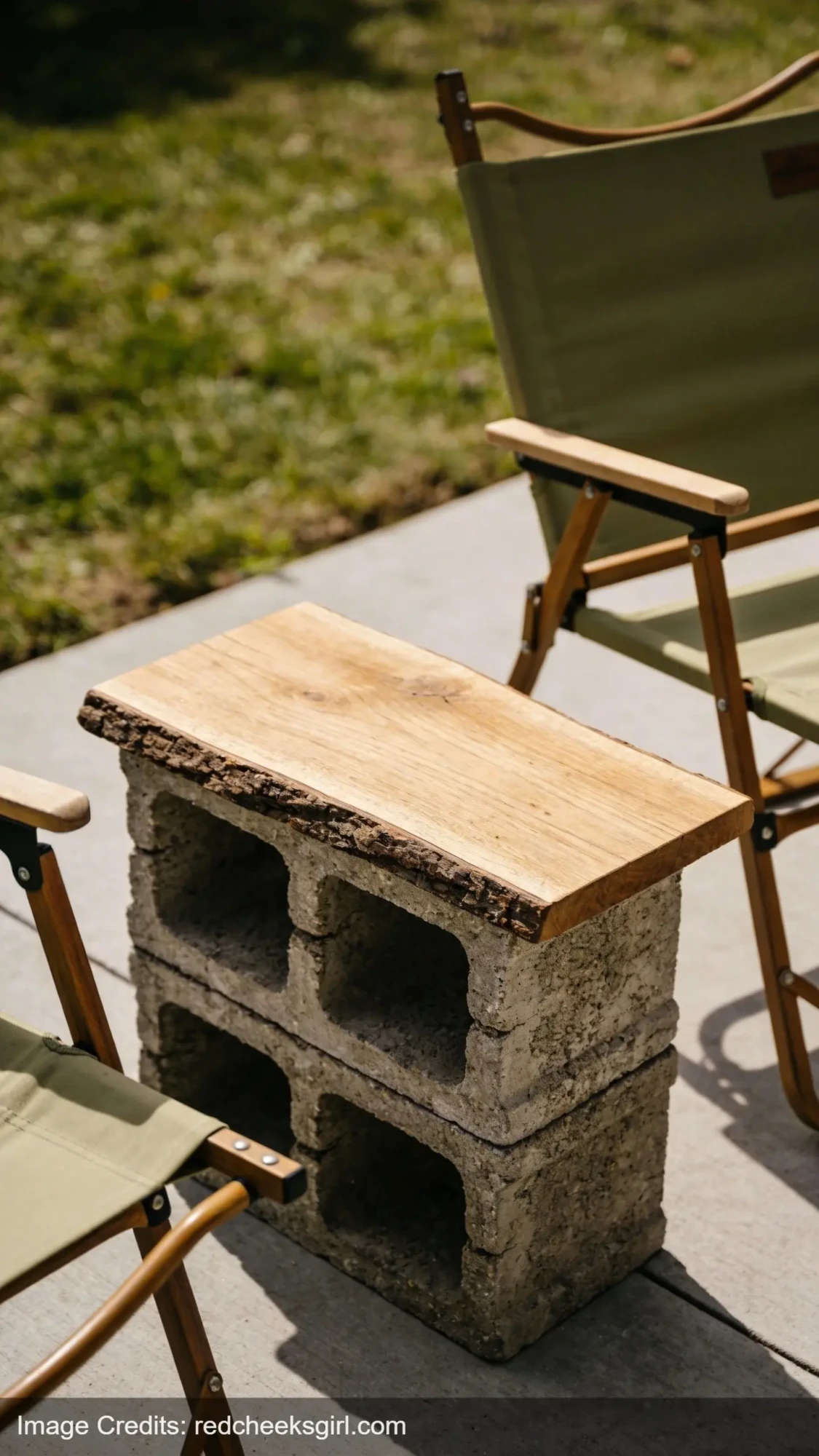 DIY outdoor side table made from cinder blocks and reclaimed wood on patio