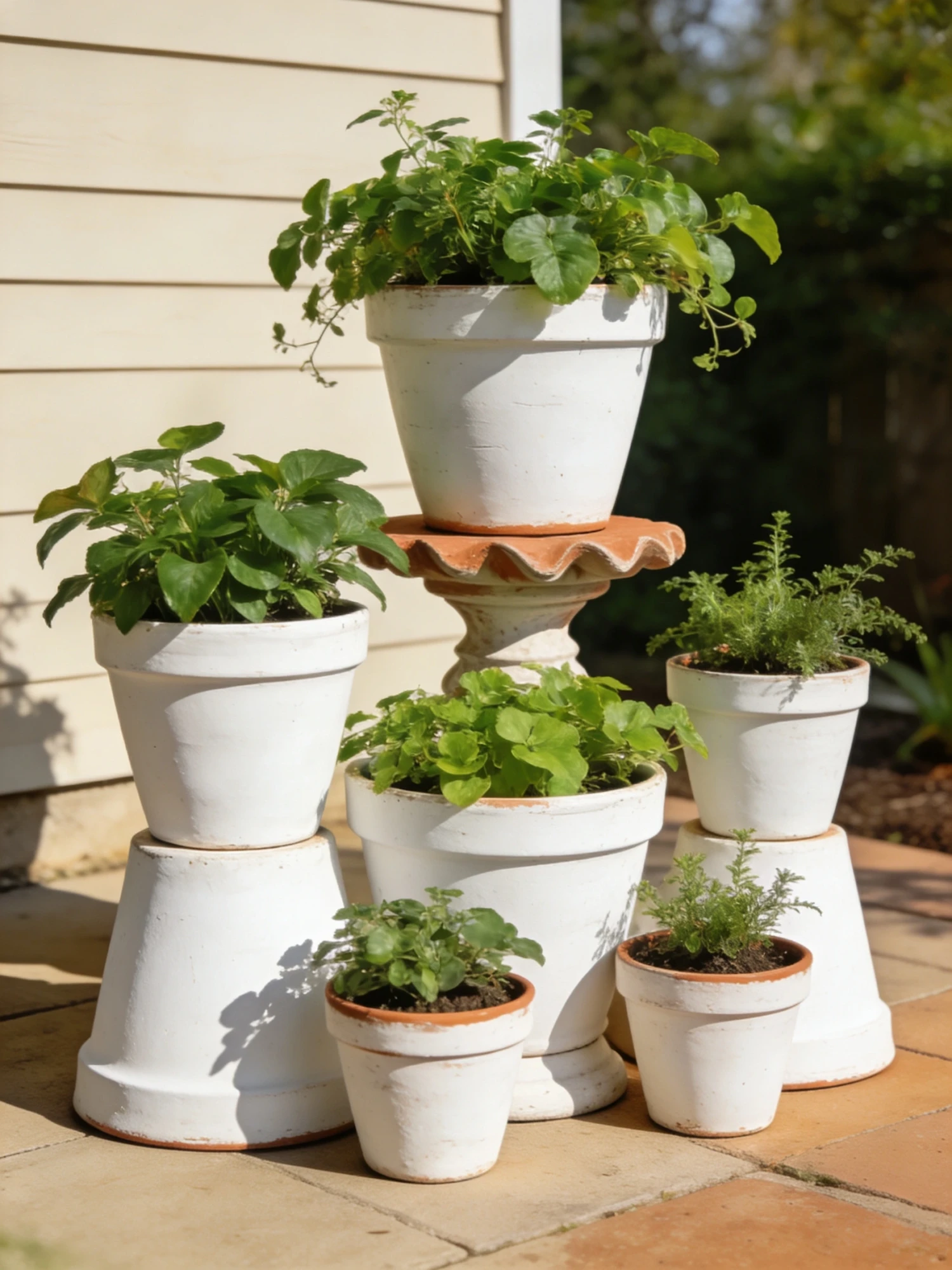 DIY painted white terracotta pots arranged at different heights on patio with plants