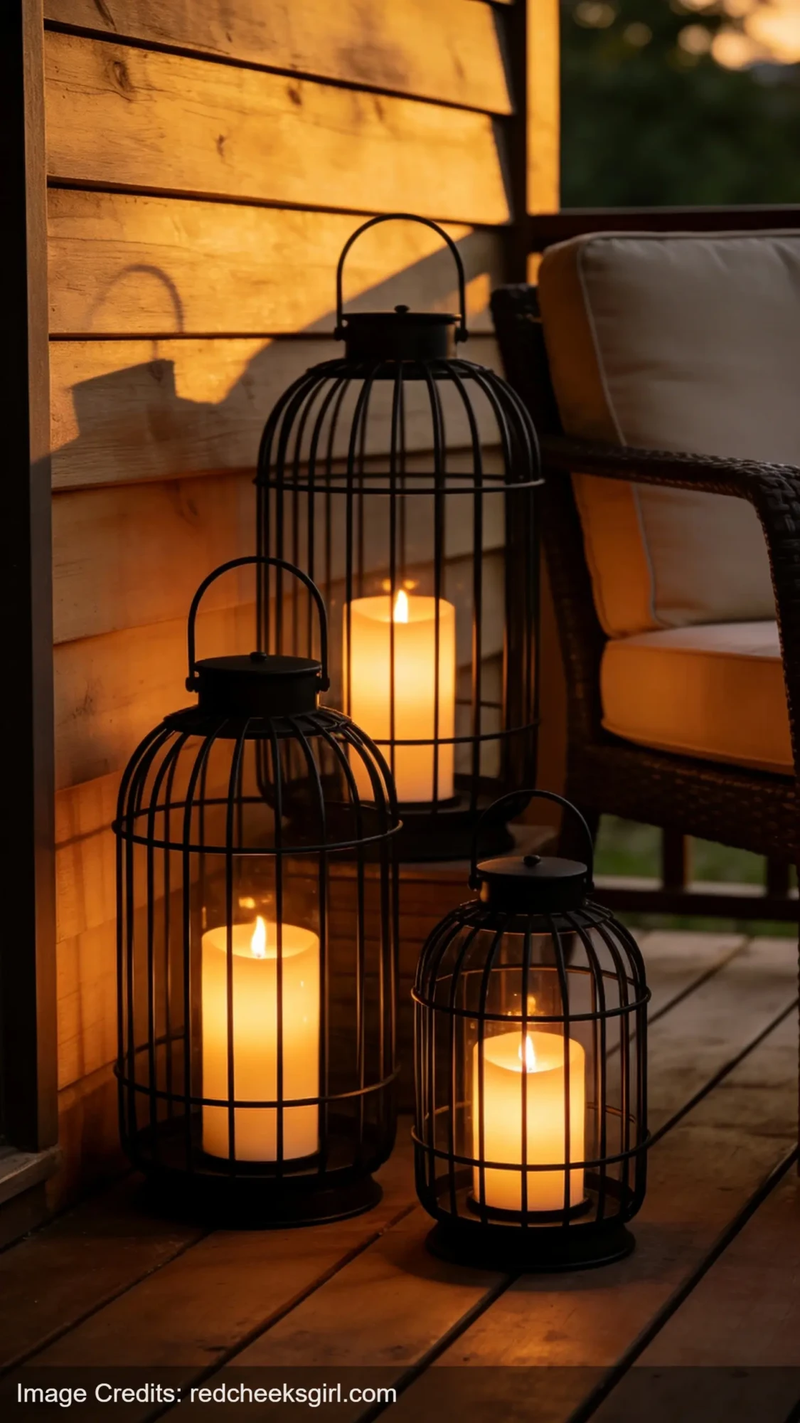 Battery operated black metal lanterns arranged on wooden deck for outdoor lighting