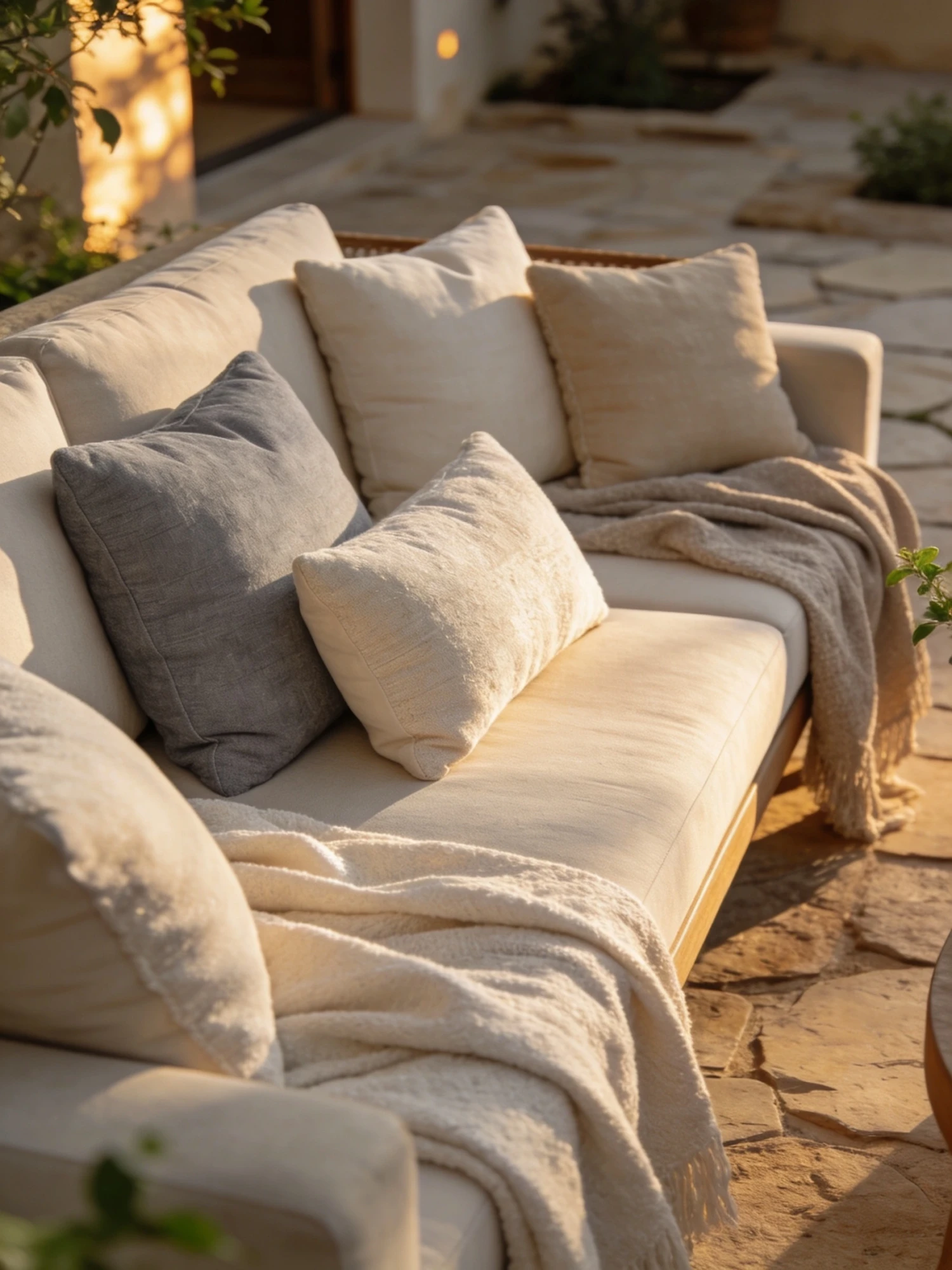 Cozy outdoor patio seating area with neutral cushions and soft lighting
