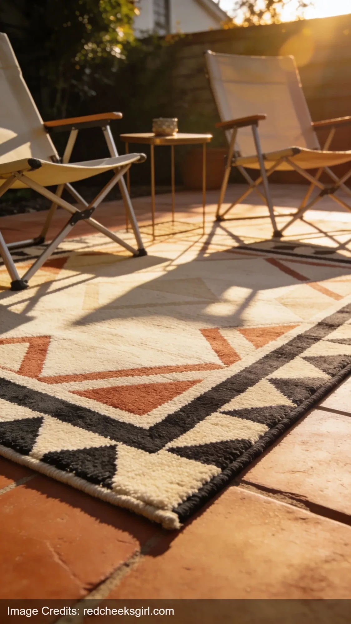 Geometric outdoor rug anchoring patio seating area in golden hour light