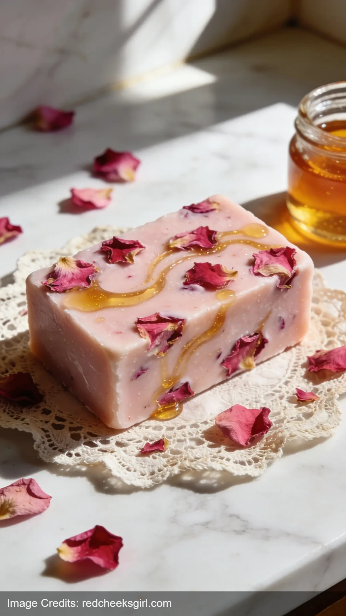homemade rose milk and honey soap bar with dried rose petals on marble surface