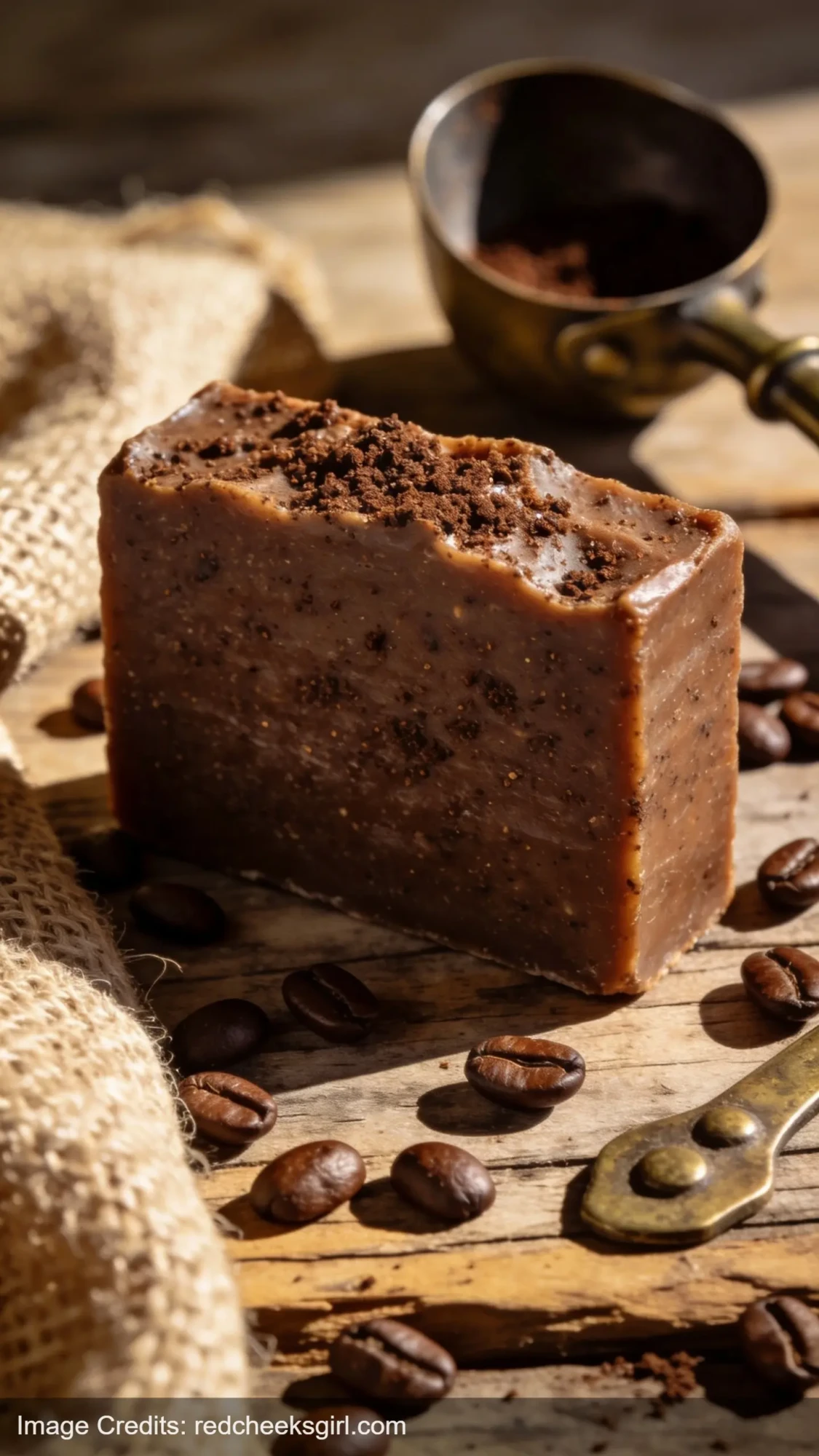 handmade coffee body scrub soap bar with coffee grounds and beans on wood surface