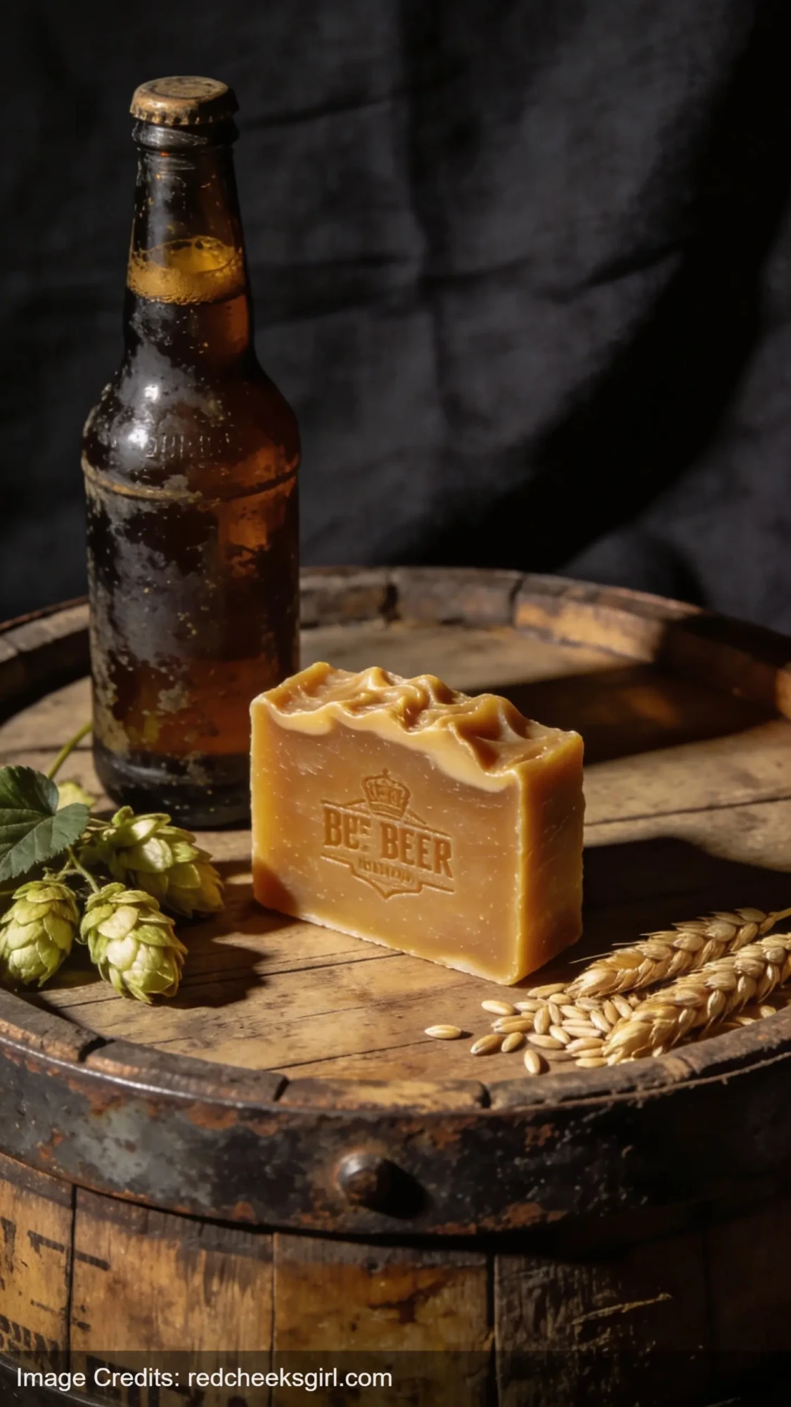 handmade beer soap bar with hops and barley on rustic wood surface
