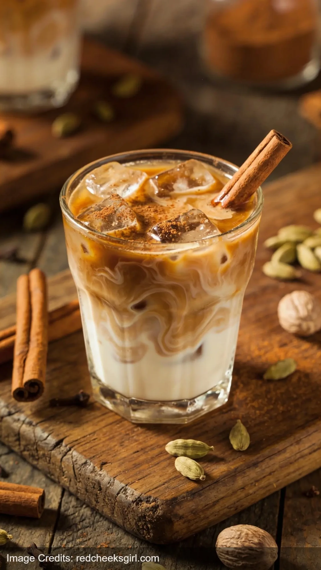 cinnamon spice iced coffee with cinnamon stick garnish