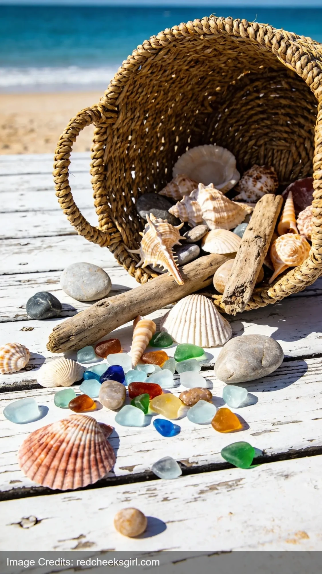 collected beach treasures including shells driftwood and sea glass in woven basket for kids crafts