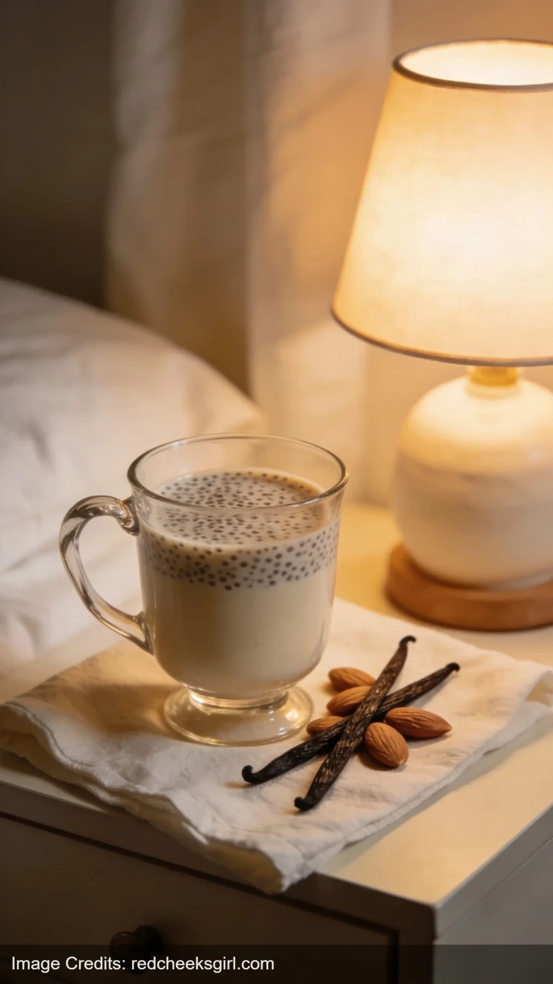 creamy vanilla almond chia milk in glass mug with vanilla beans on nightstand