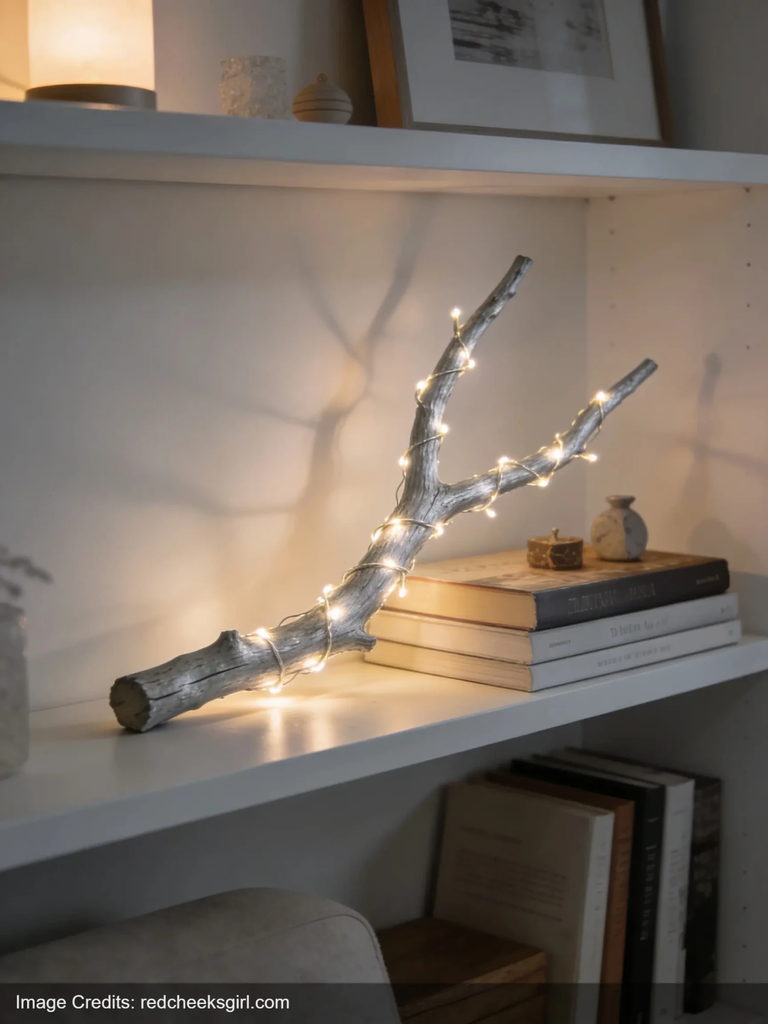 DIY tree branch with fairy lights on living room bookshelf looking expensive