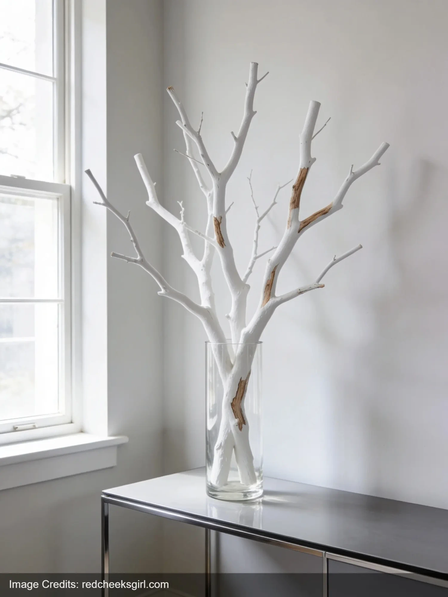 White painted tree branch in glass vase on console table for modern home decor