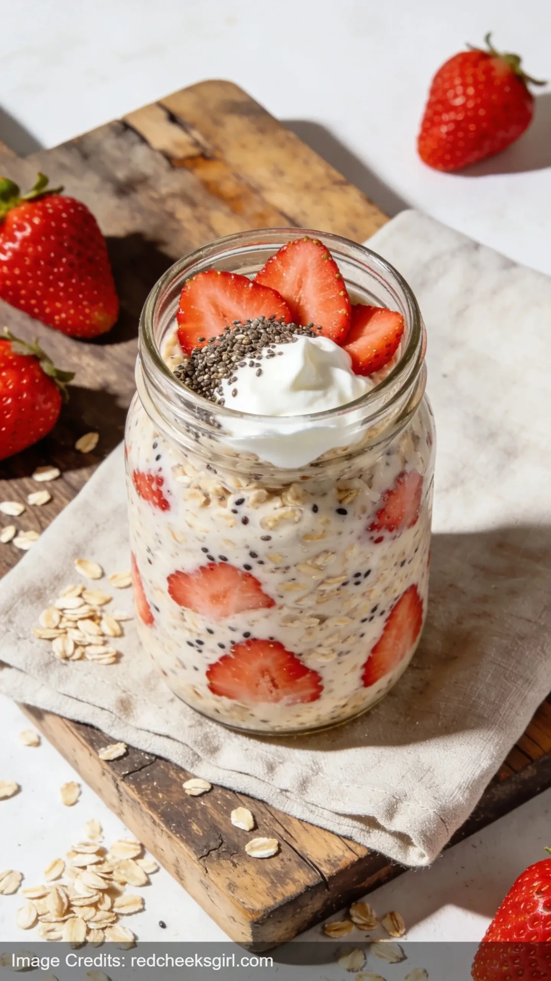 high protein strawberry overnight oats in mason jar with fresh strawberries and chia seeds