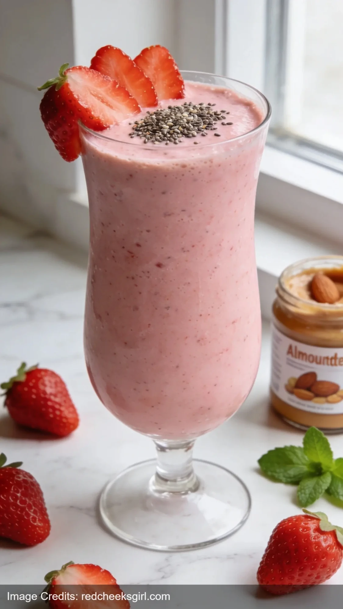 creamy strawberry almond butter protein smoothie in glass with fresh strawberry garnish