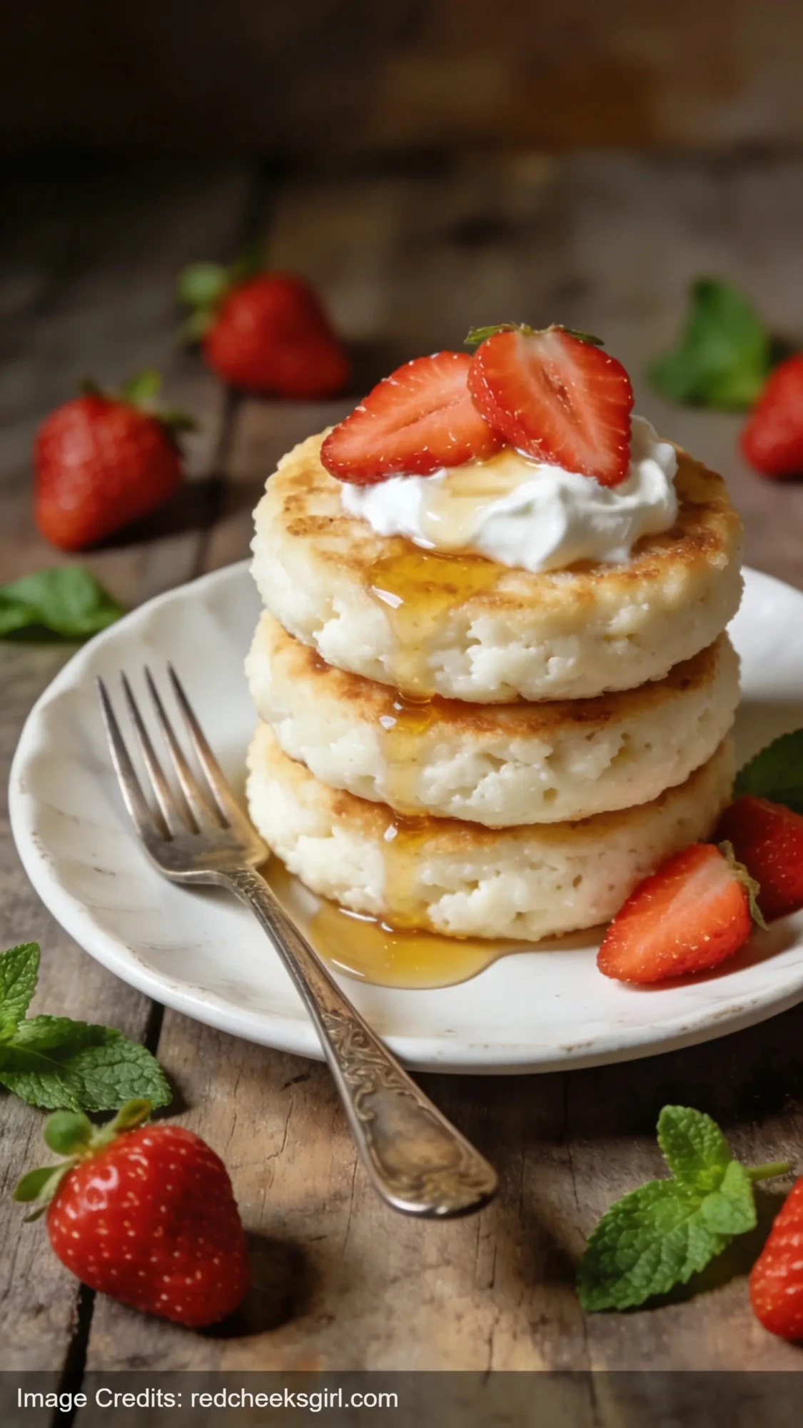 fluffy high protein strawberry cottage cheese pancakes with Greek yogurt and fresh strawberries