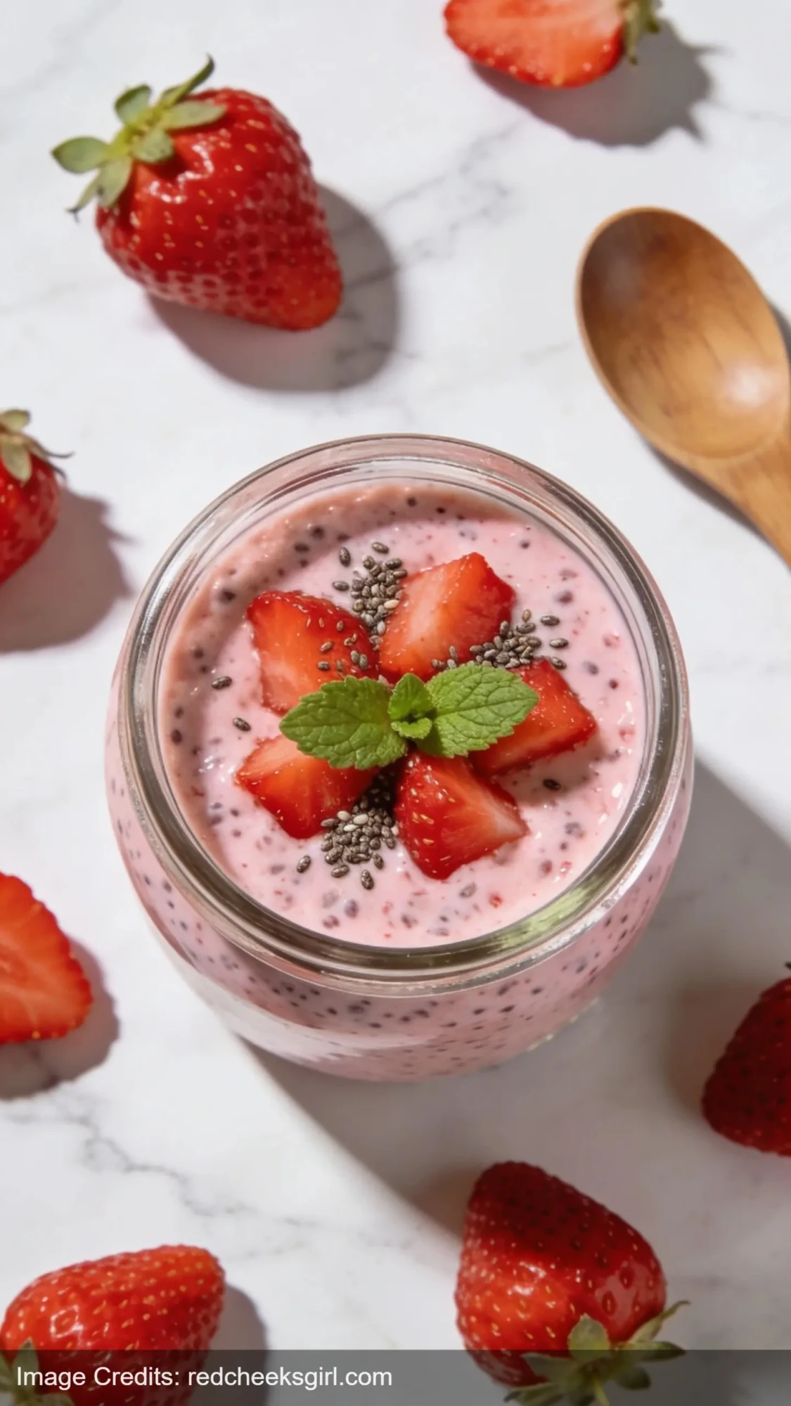 strawberry chia protein pudding in glass jar with fresh strawberries and chia seeds