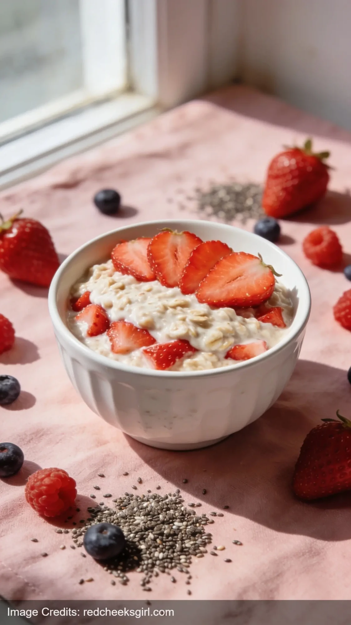 layered high protein strawberry overnight oats with fresh strawberries in ceramic bowl