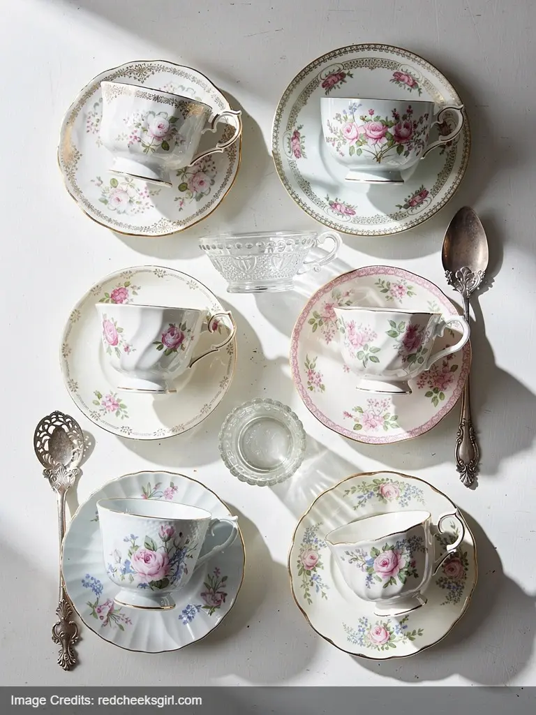 Mismatched vintage teacups and china from thrift stores for Alice in Wonderland tea party