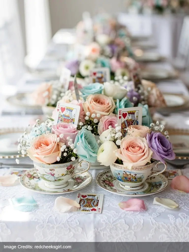 Teacup centerpieces with flowers and playing cards for Alice in Wonderland birthday party table
