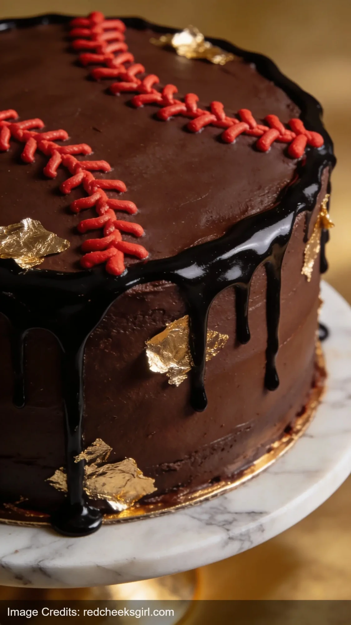Baseball drip birthday cake with chocolate ganache drips and gold leaf accents