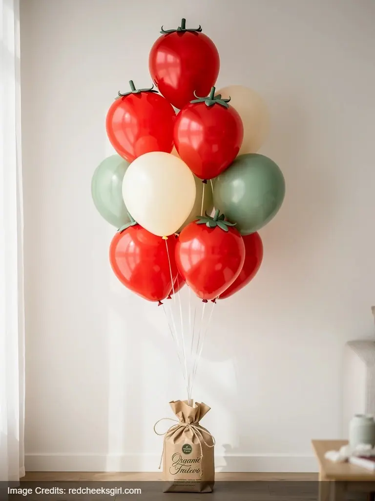 DIY strawberry themed balloon cluster with red cream and green balloons for birthday party decor