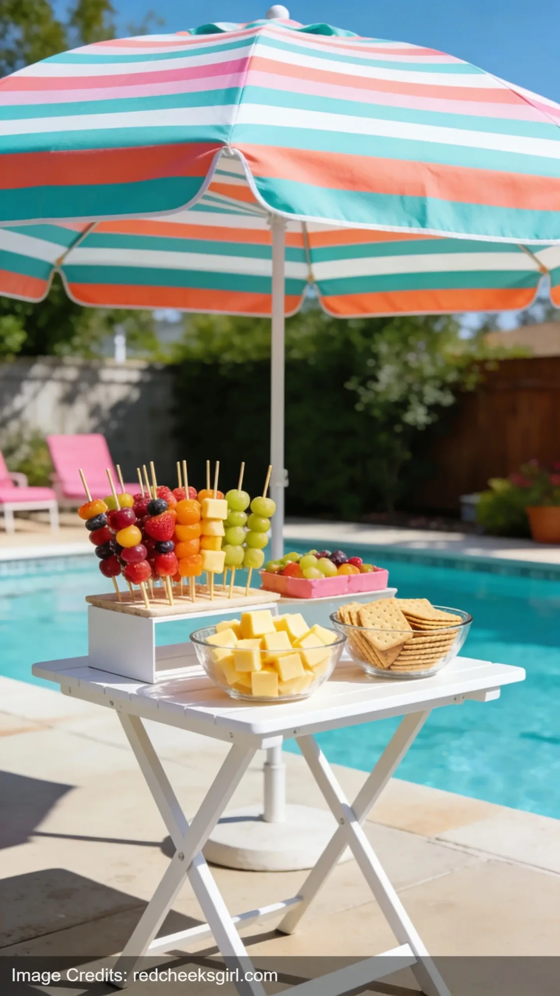 pool party food station with finger foods and snacks setup outdoors