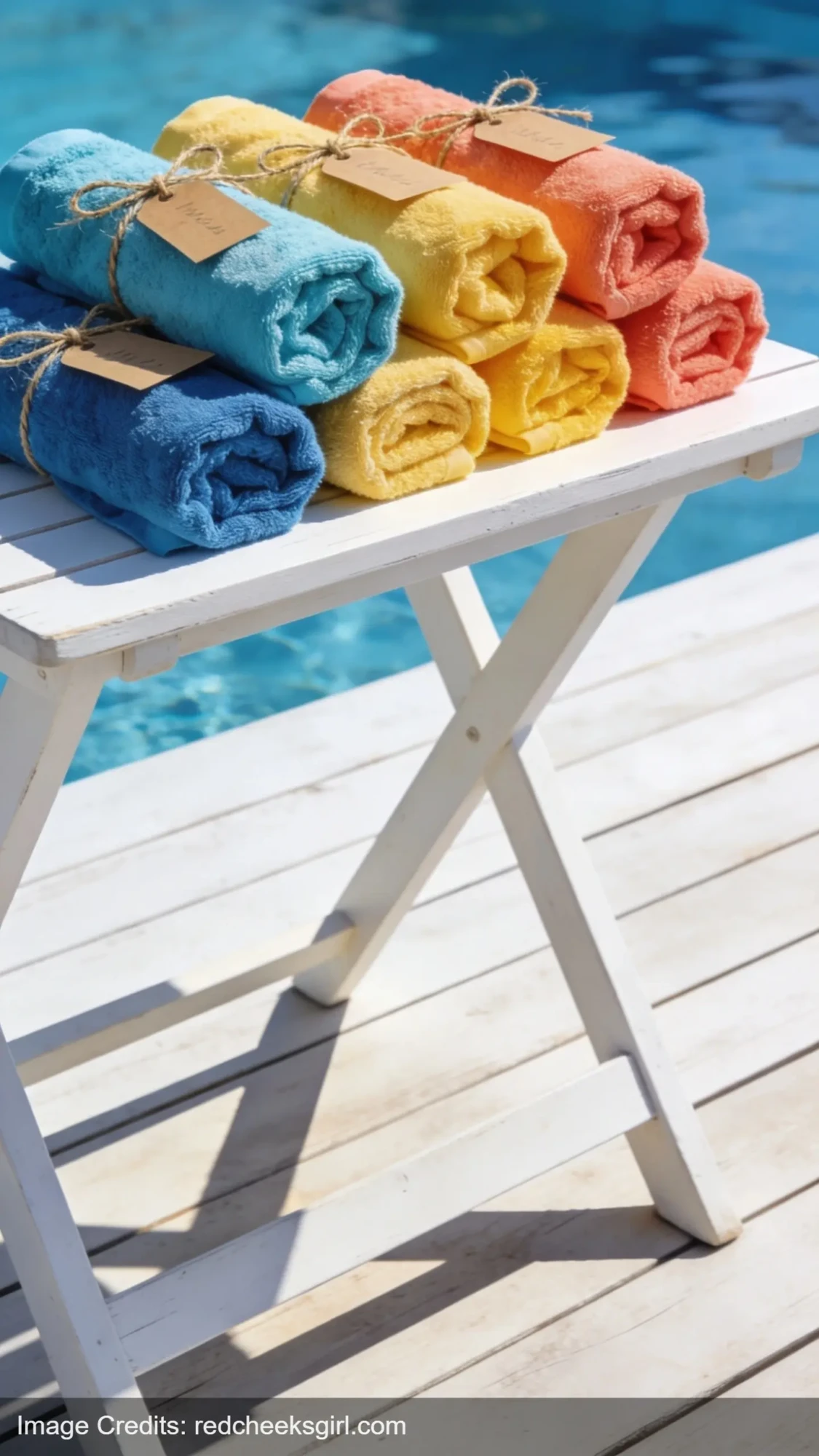 birthday pool party towel favors arranged on table with gift tags