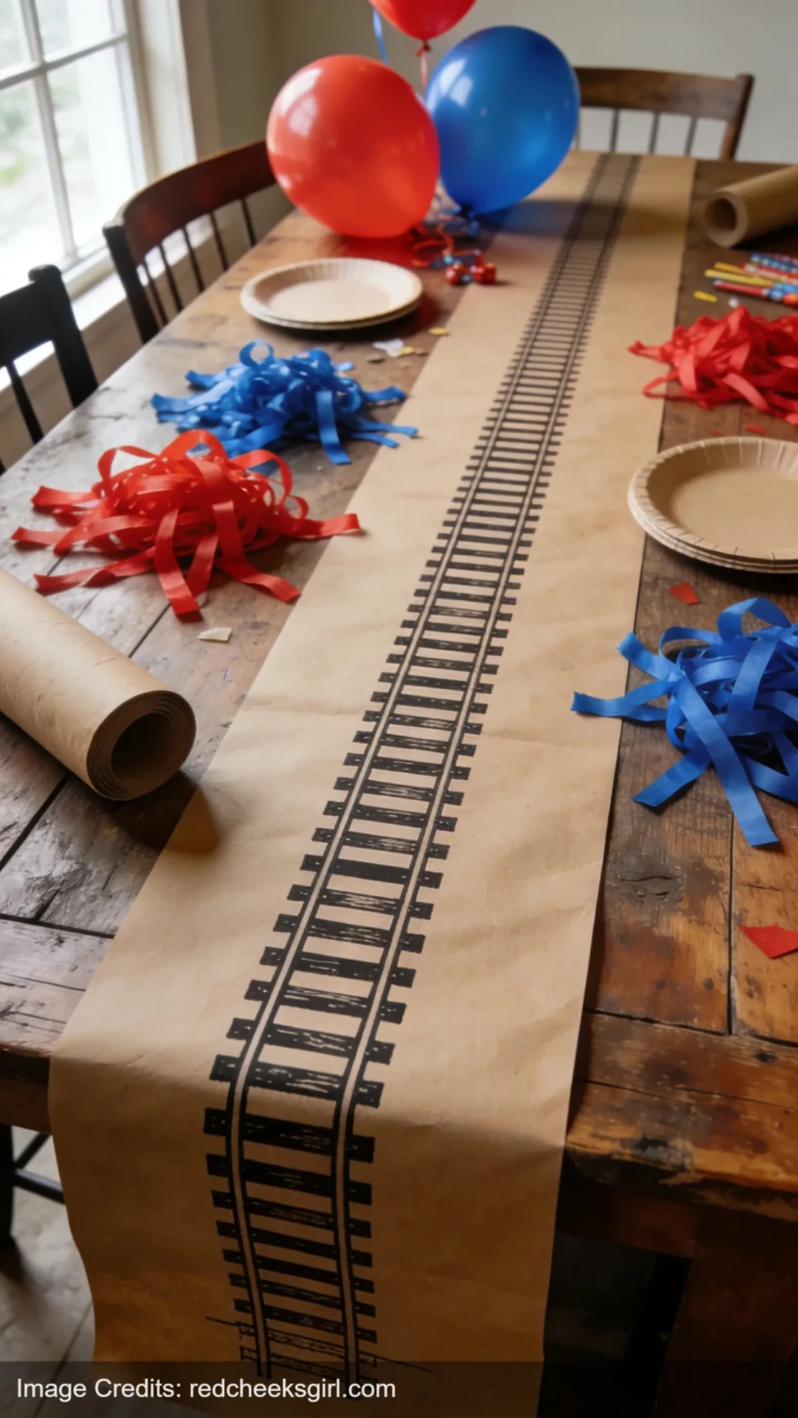 DIY railroad track table runner made from brown kraft paper for train birthday party
