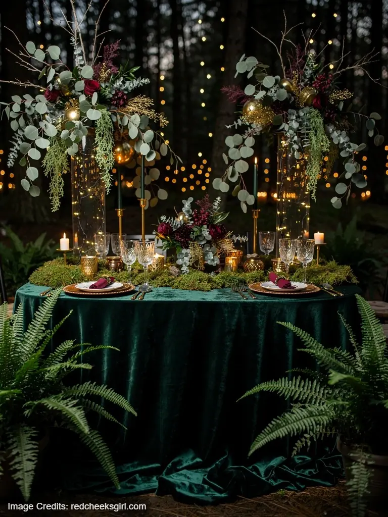 enchanted forest baby shower table decor with dark velvet emerald green burgundy gold moss ferns