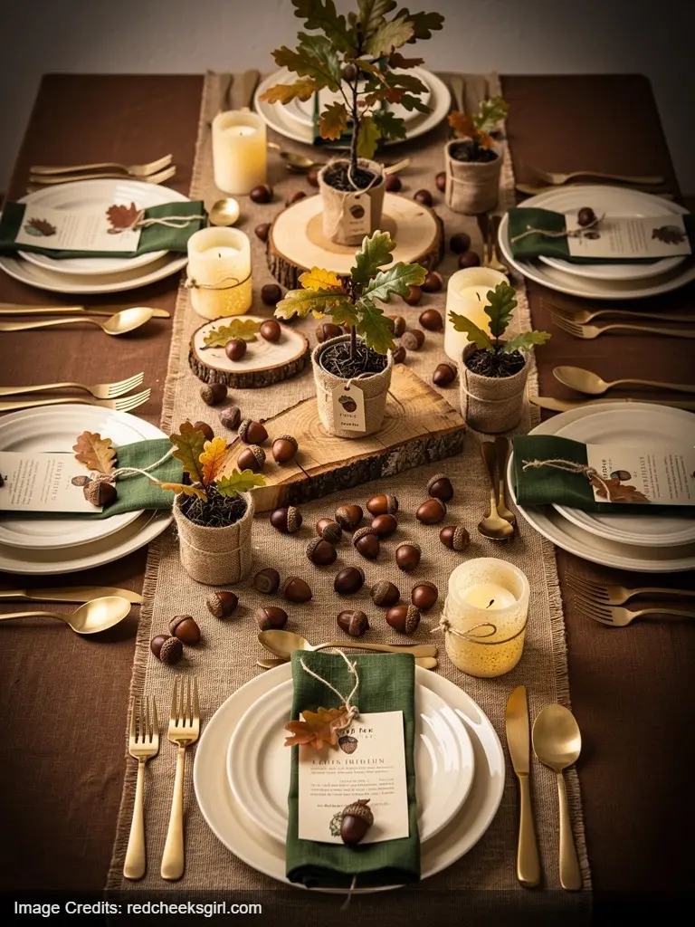 little acorn baby shower table decor with oak trees warm brown cream forest green gold natural