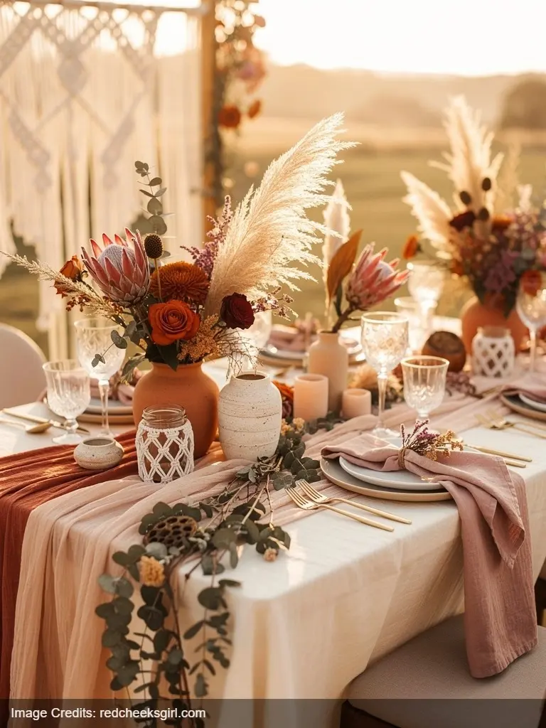 boho fall florals baby shower decor with pampas grass protea terracotta rust mauve blush cream