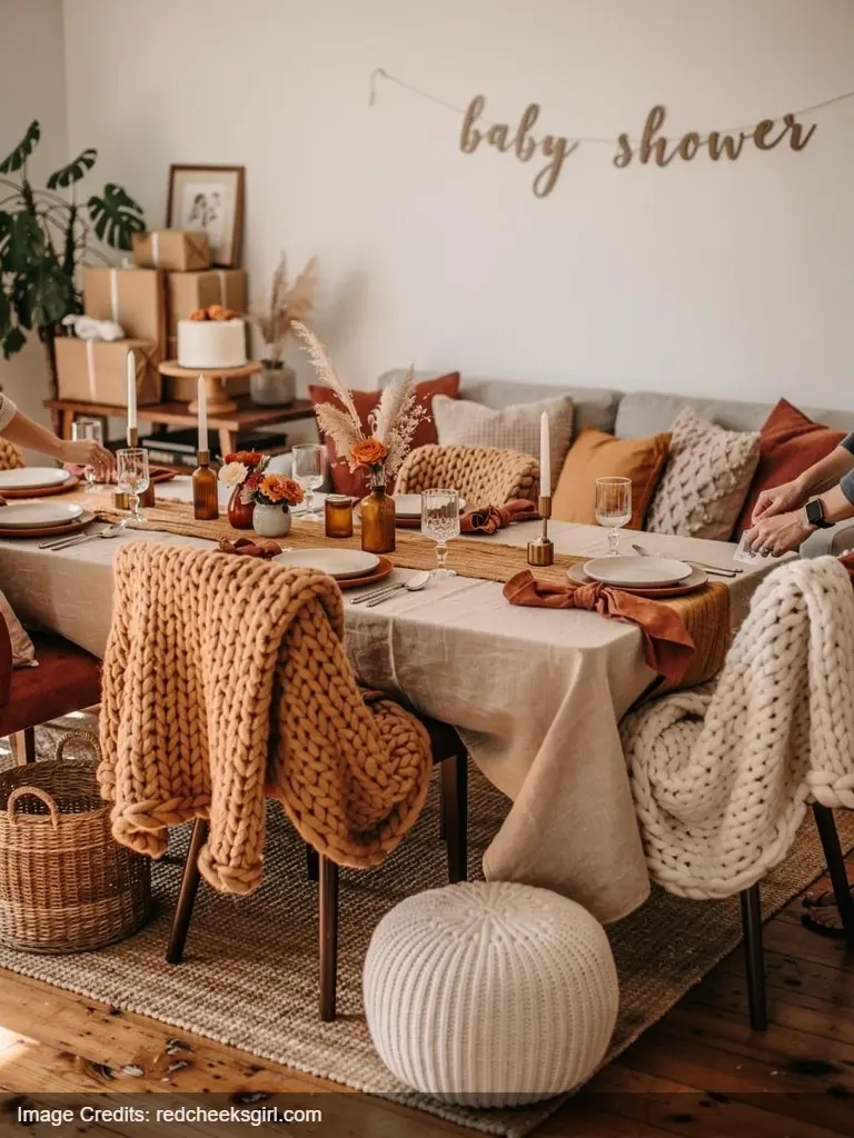 cozy sweater weather baby shower decor with chunky knits camel cream oatmeal rust warm textures