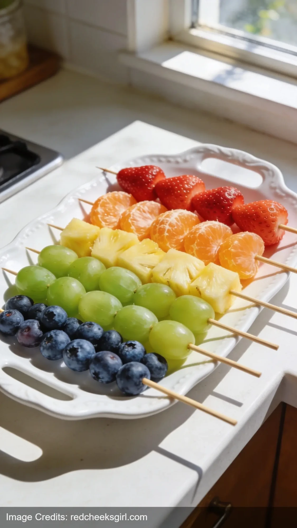 rainbow fruit skewer display for first birthday party healthy snacks