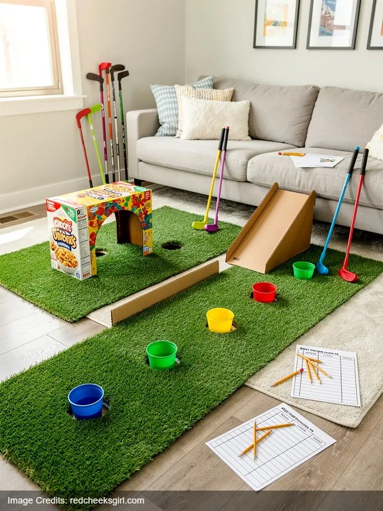 DIY indoor putting green activity setup with artificial turf, obstacles and scorecards for kids golf birthday party
