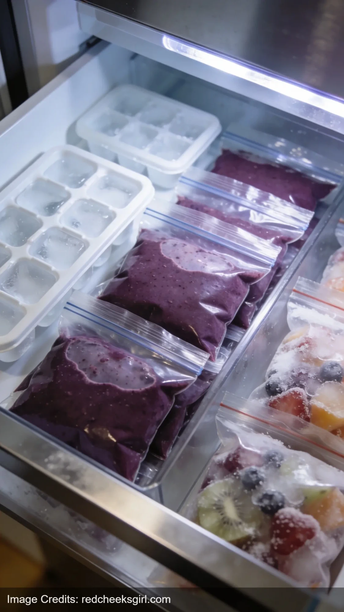 frozen acai base in ziplock bags stored in organized freezer drawer