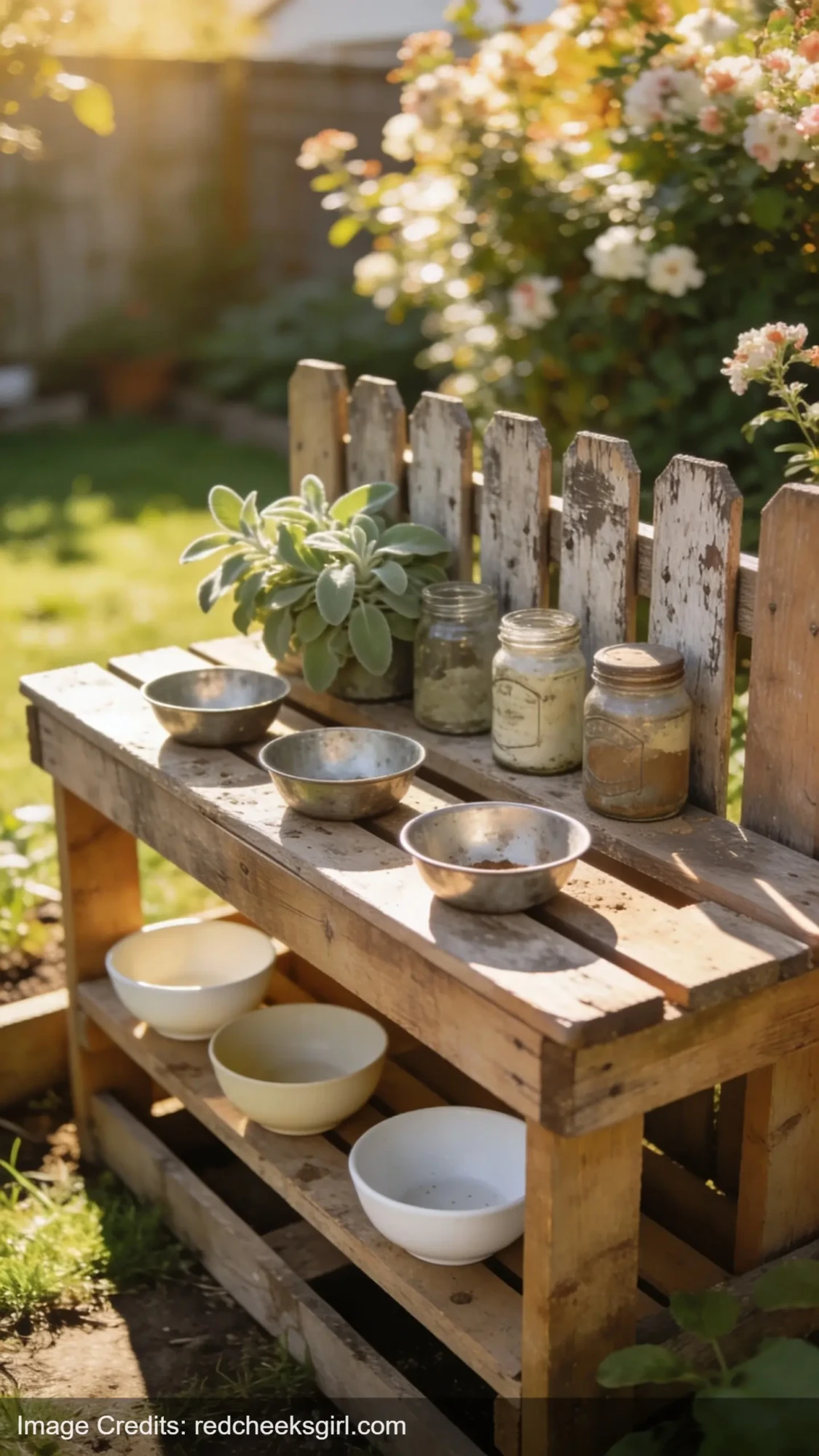 DIY pallet mud kitchen setup with bowls and jars in sunny backyard