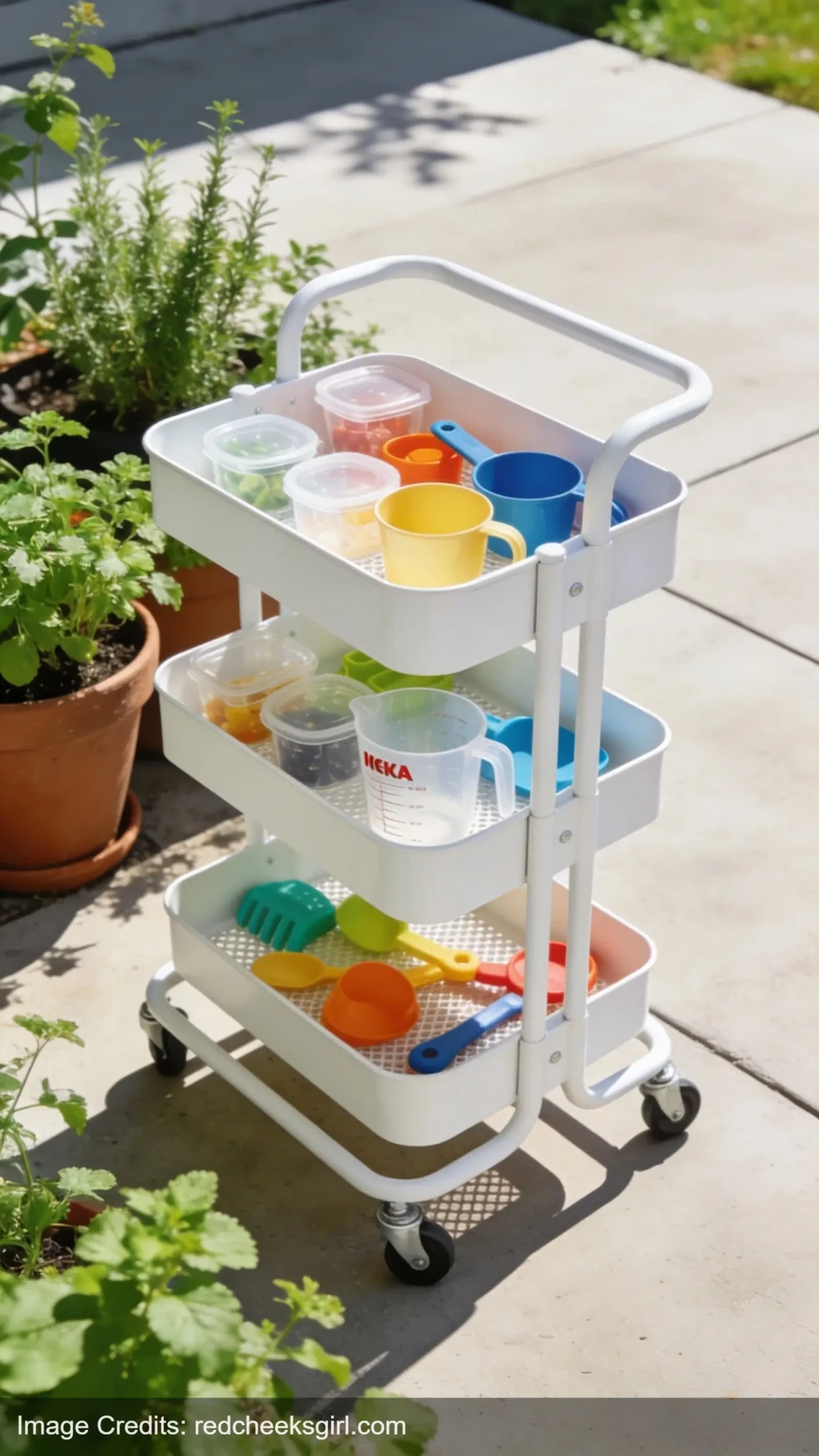 IKEA rolling cart converted to portable outdoor mud kitchen station