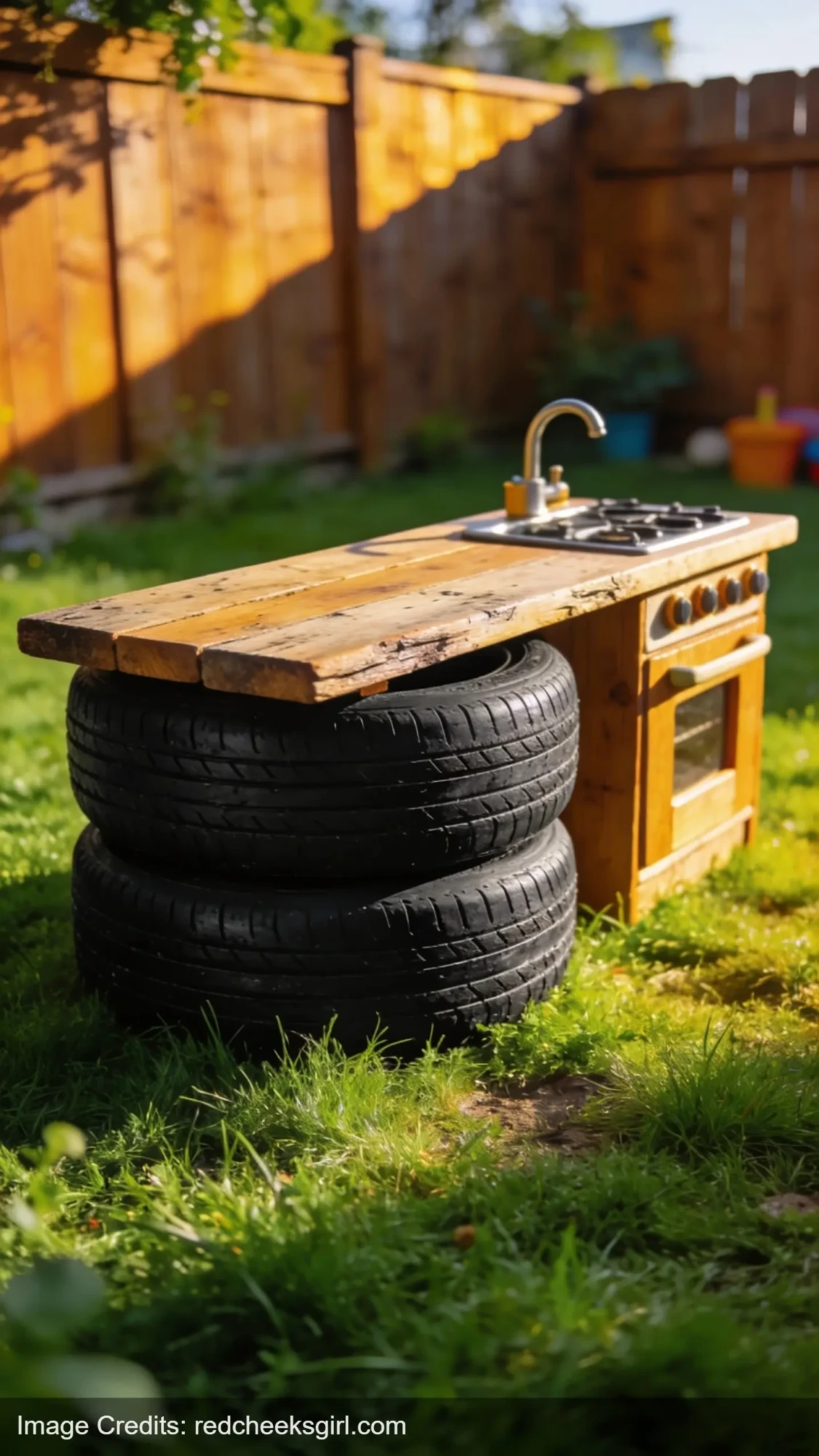 Creative mud kitchen made from stacked tires with wooden plank counter