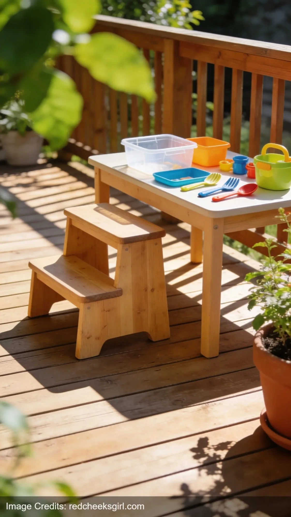 Wooden step stool beside low outdoor table for toddler mud kitchen play