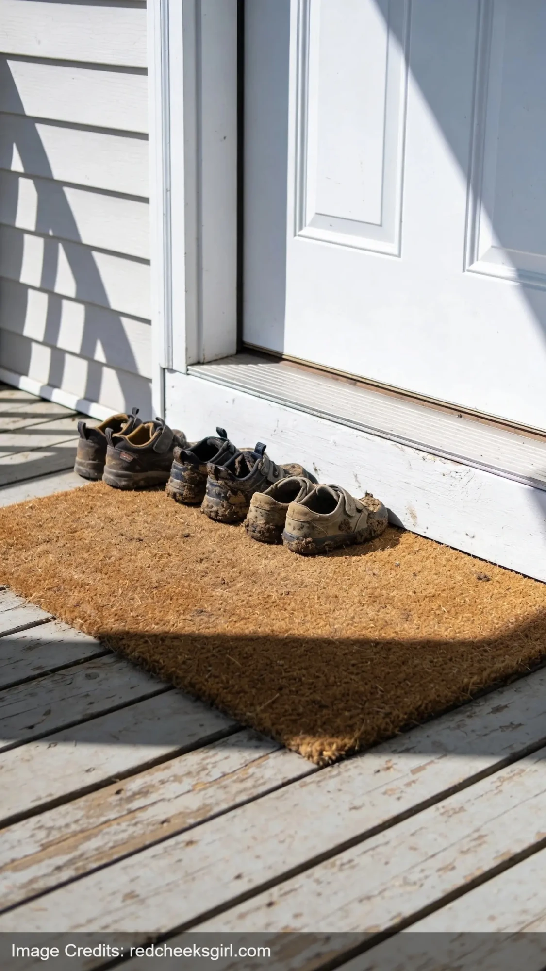 Natural fiber outdoor mat with muddy children's shoes for mess management