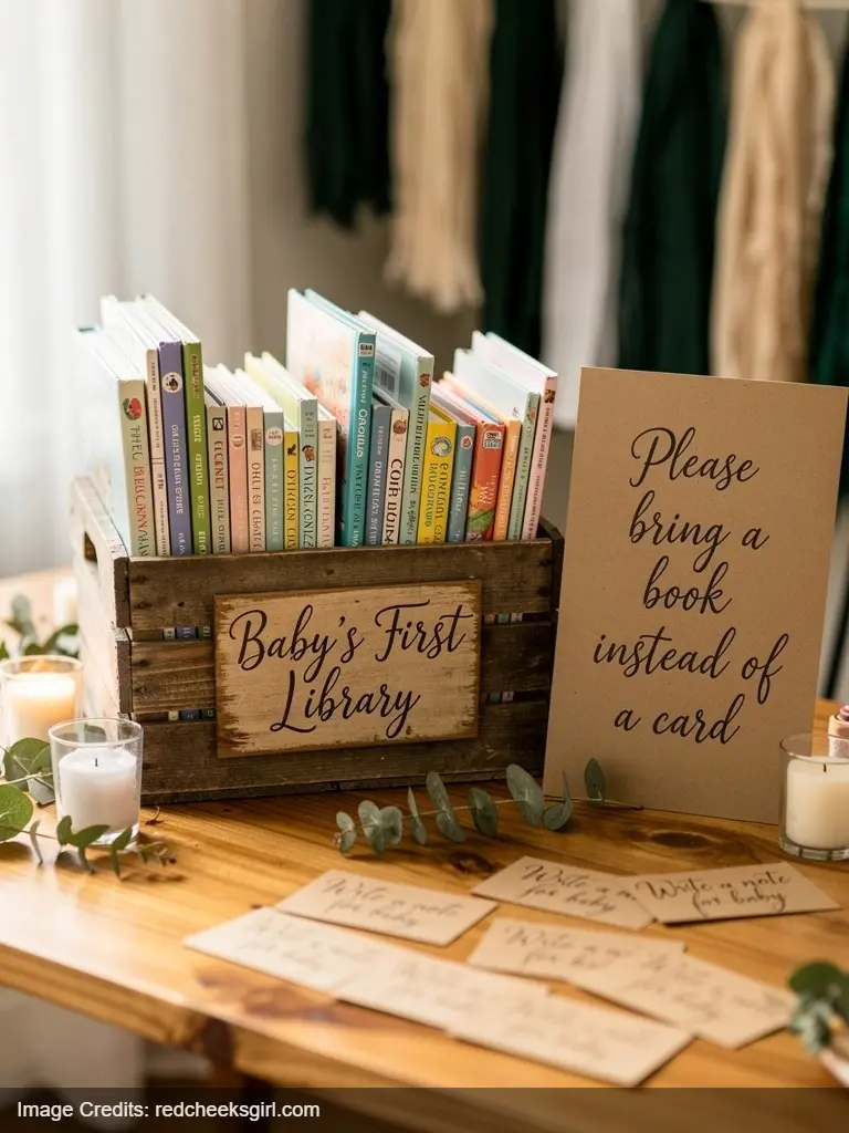 Baby shower book collection display with wooden crate labeled Baby's First Library and children's books for new chapter theme