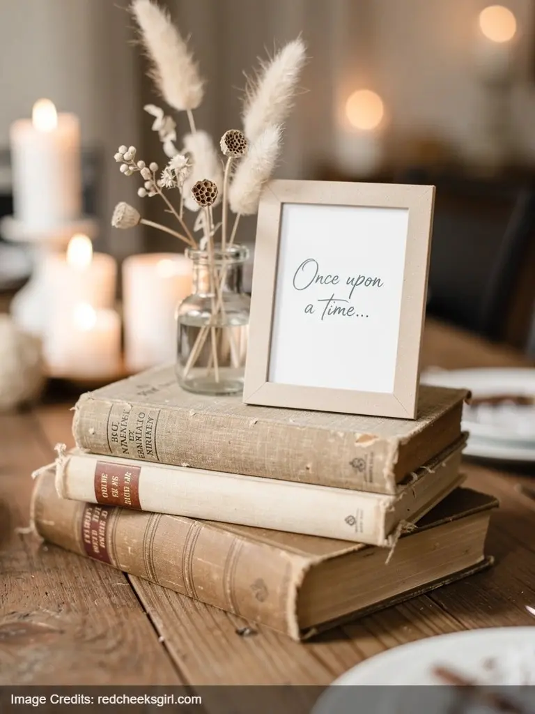 Vintage book centerpiece with stacked old books, dried flowers and quote card for literary baby shower