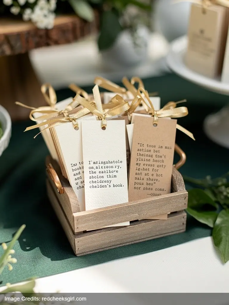 DIY bookmark party favors with quotes and ribbon for book-themed baby shower in wooden basket