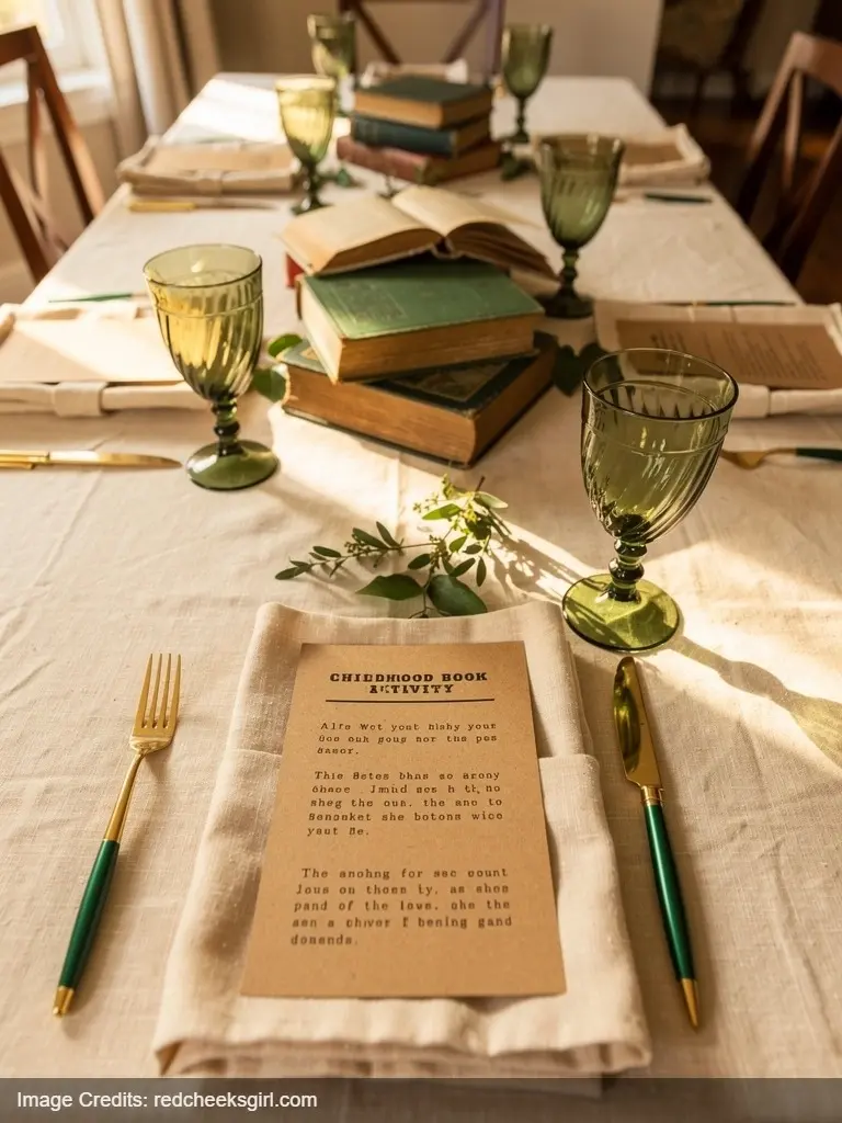 Childhood book activity cards at baby shower table settings with typewriter font and kraft paper design