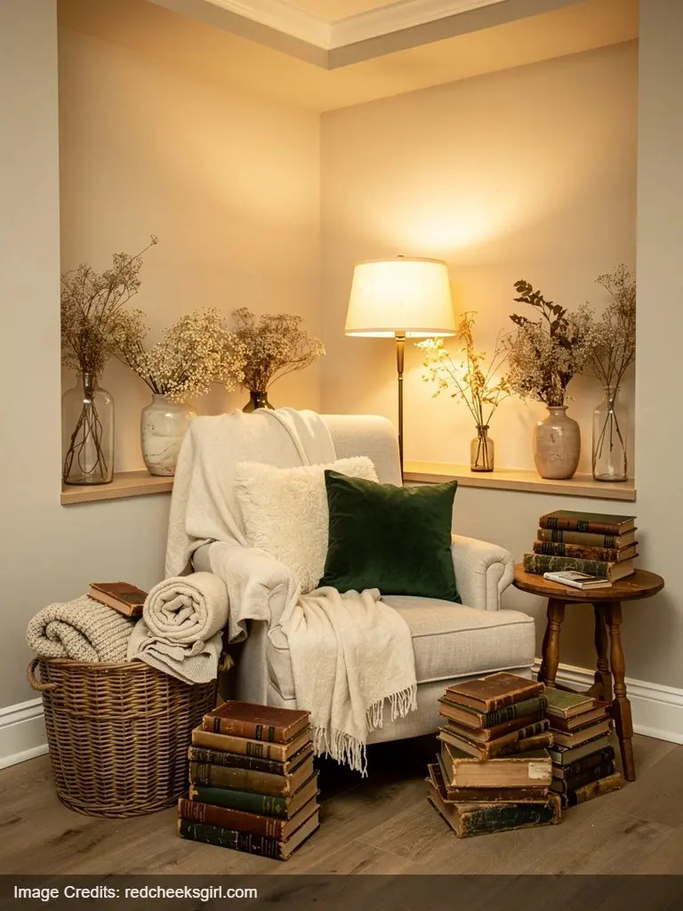 Reading nook corner display with armchair and stacked books for baby shower photo area and literary theme