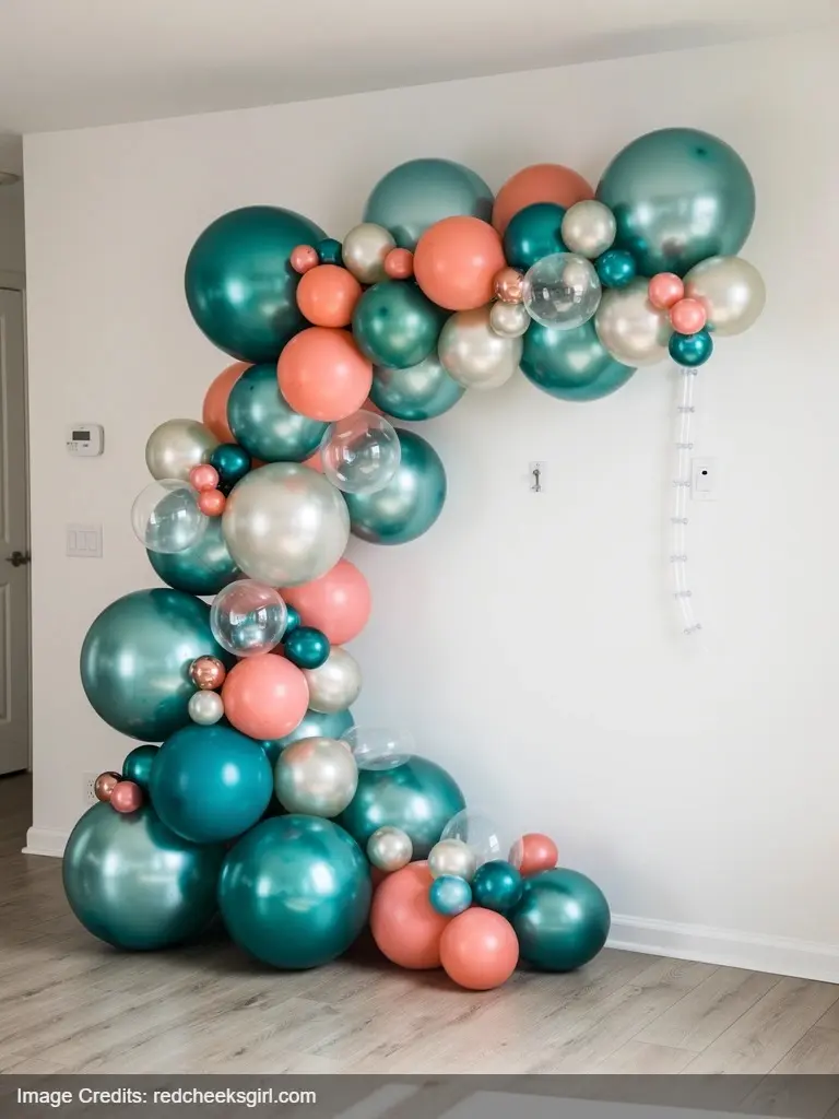 DIY iridescent balloon arch in teal and coral for mermaid birthday party