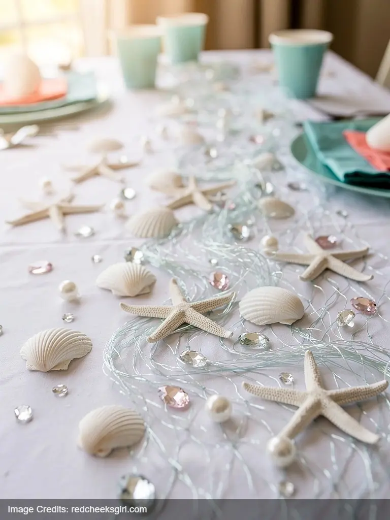 Dollar Tree seashells and starfish scattered on mermaid party table