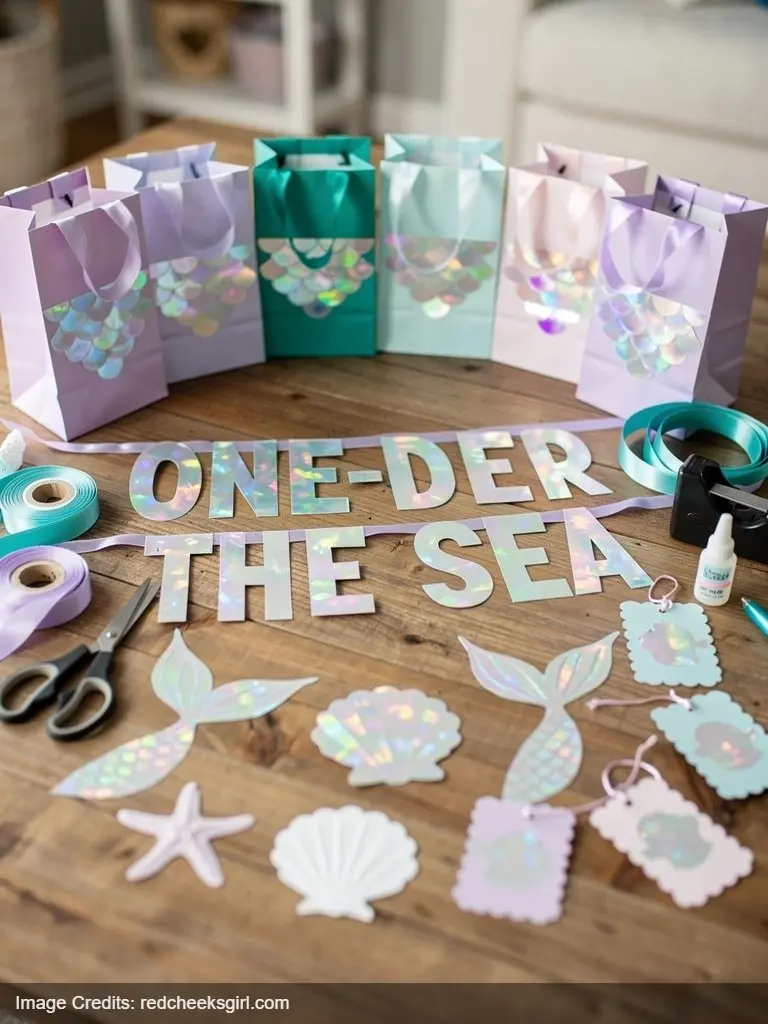 DIY mermaid party decorations made with iridescent holographic paper