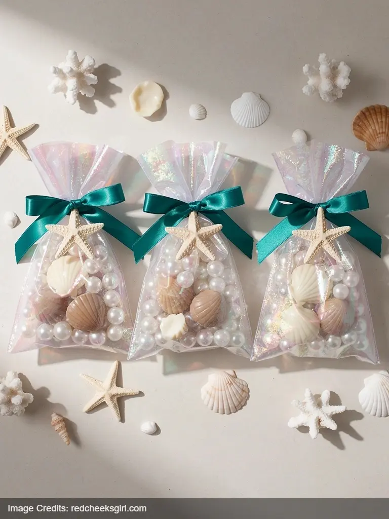 mermaid party favor bags with pearl candy and shell chocolates