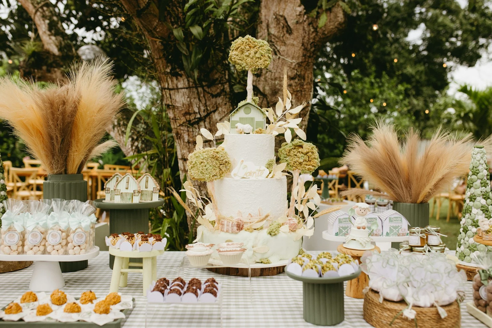 A tiered cake and desserts on a table outdoors.