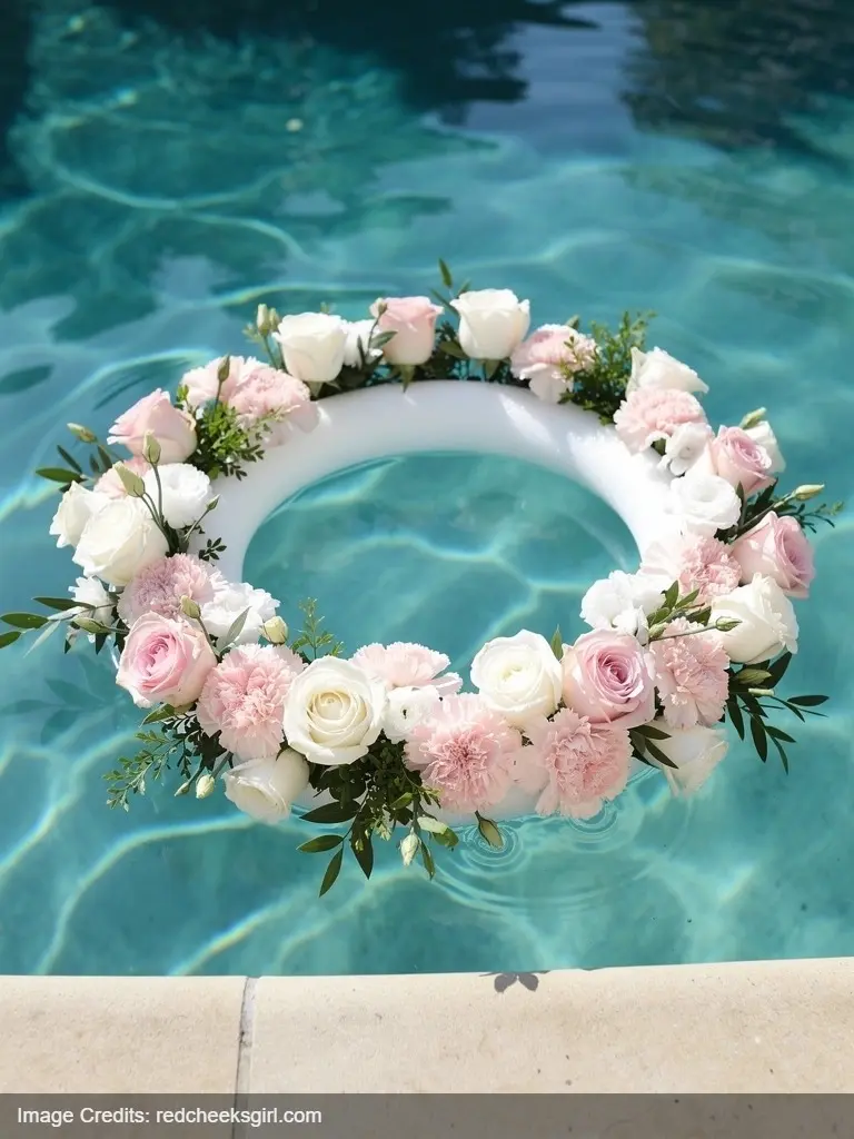 DIY floating floral wreath made with pool noodle and fresh flowers in swimming pool for baby shower decoration